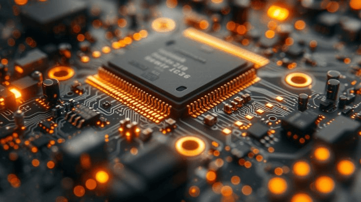 Advanced circuit board and microprocessor representing enterprise engineering foundations